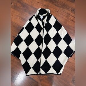 Spiegel women's Argyle black white cardigan poncho One Size Lambswool Angora